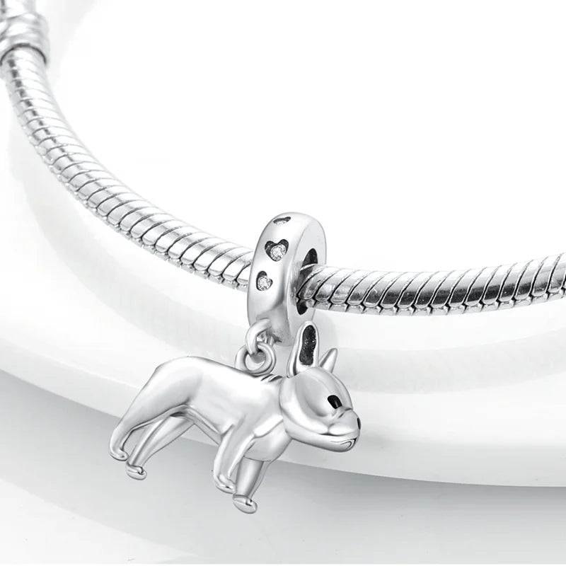 Sterling silver French Bulldog charm pendant for charm bracelets, perfect for dog lovers and personalized DIY jewelry.