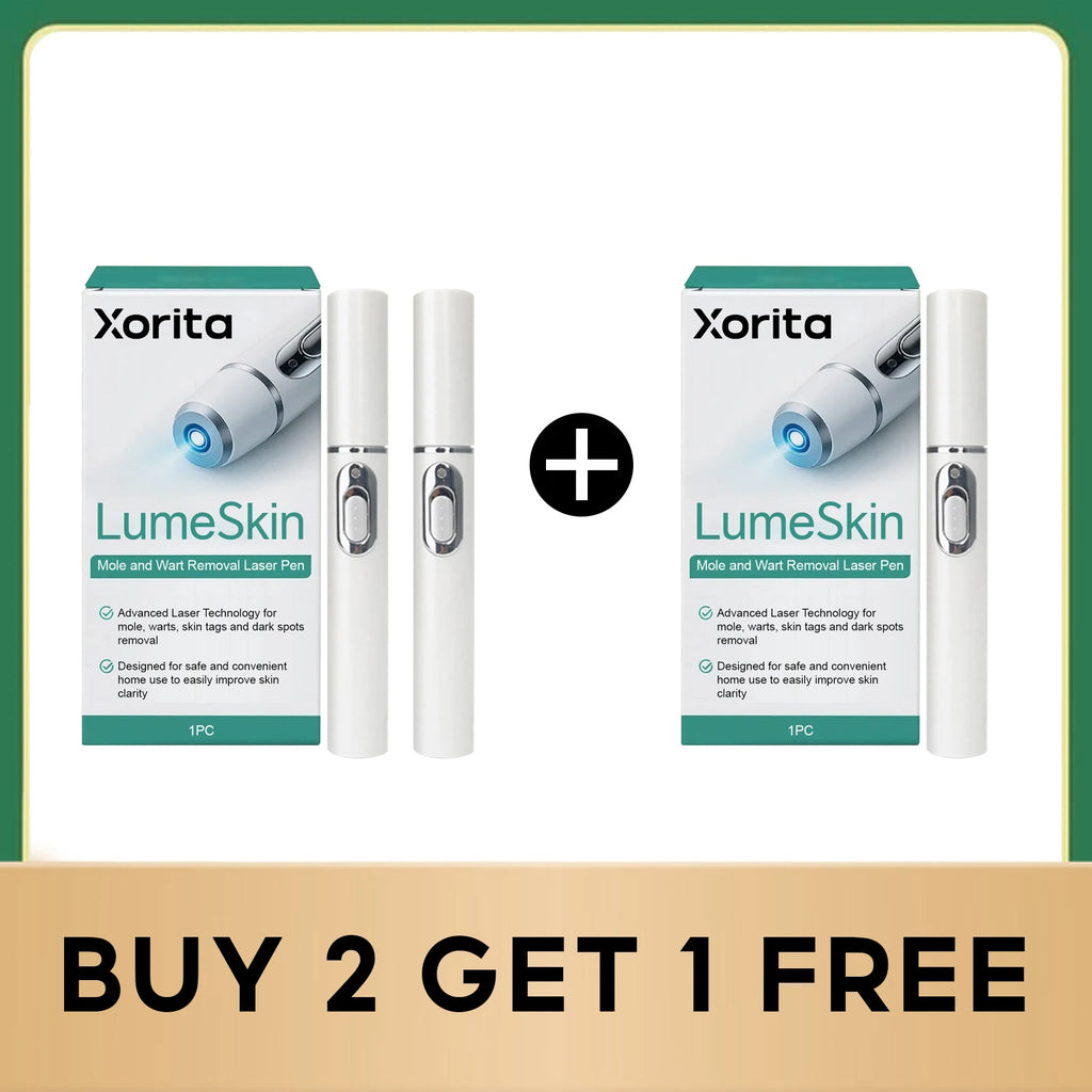 Two white Xorita LumeSkin laser mole removal pens with packaging boxes, displayed with a "Buy 2 Get 1 Free" label.