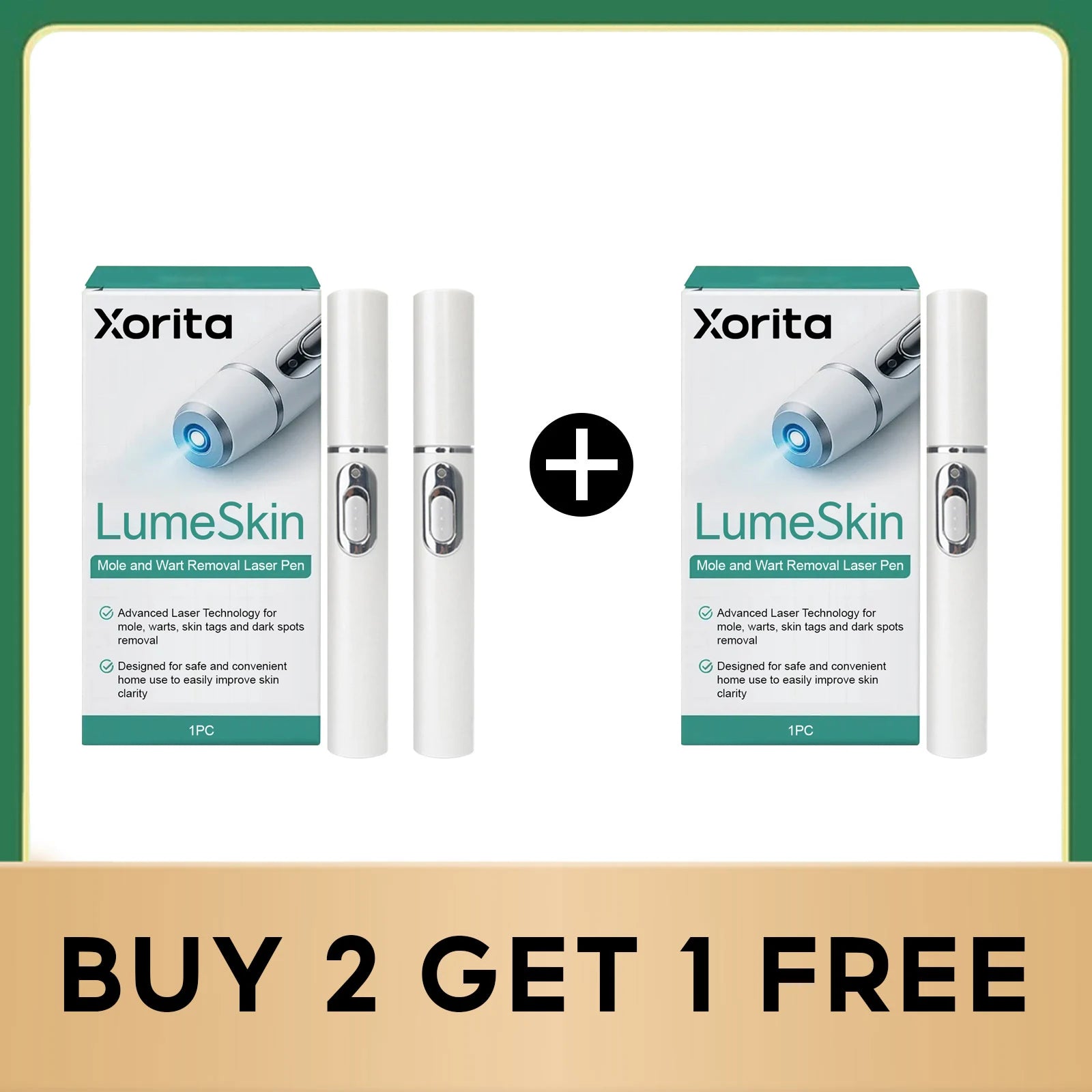 Two white Xorita LumeSkin laser mole removal pens with packaging boxes, displayed with a "Buy 2 Get 1 Free" label.