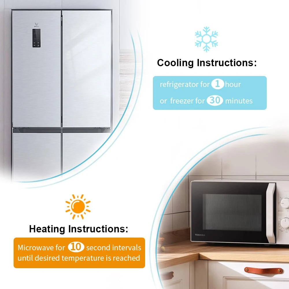 Infographic showing cooling instructions with a refrigerator and heating instructions with a microwave.