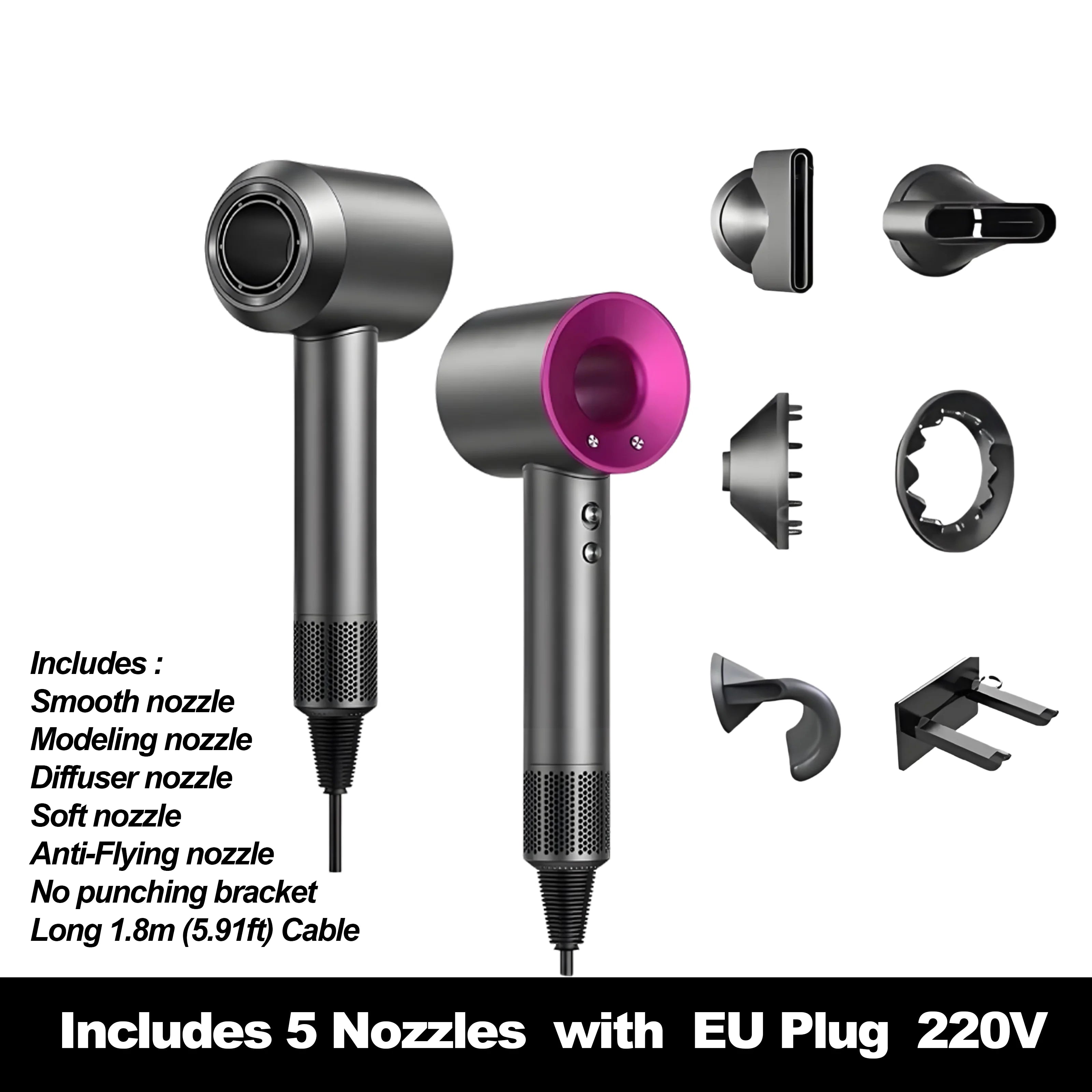 Grey and pink high-speed ionic hair dryer with 5 magnetic styling nozzles and wall bracket for professional salon care.