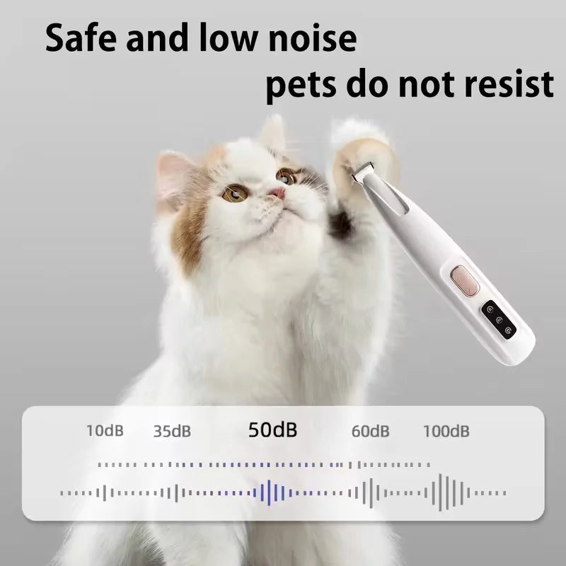 Low-noise electric pet hair trimmer for grooming cat paws, ears, and face. USB rechargeable, white and rose gold shaver.