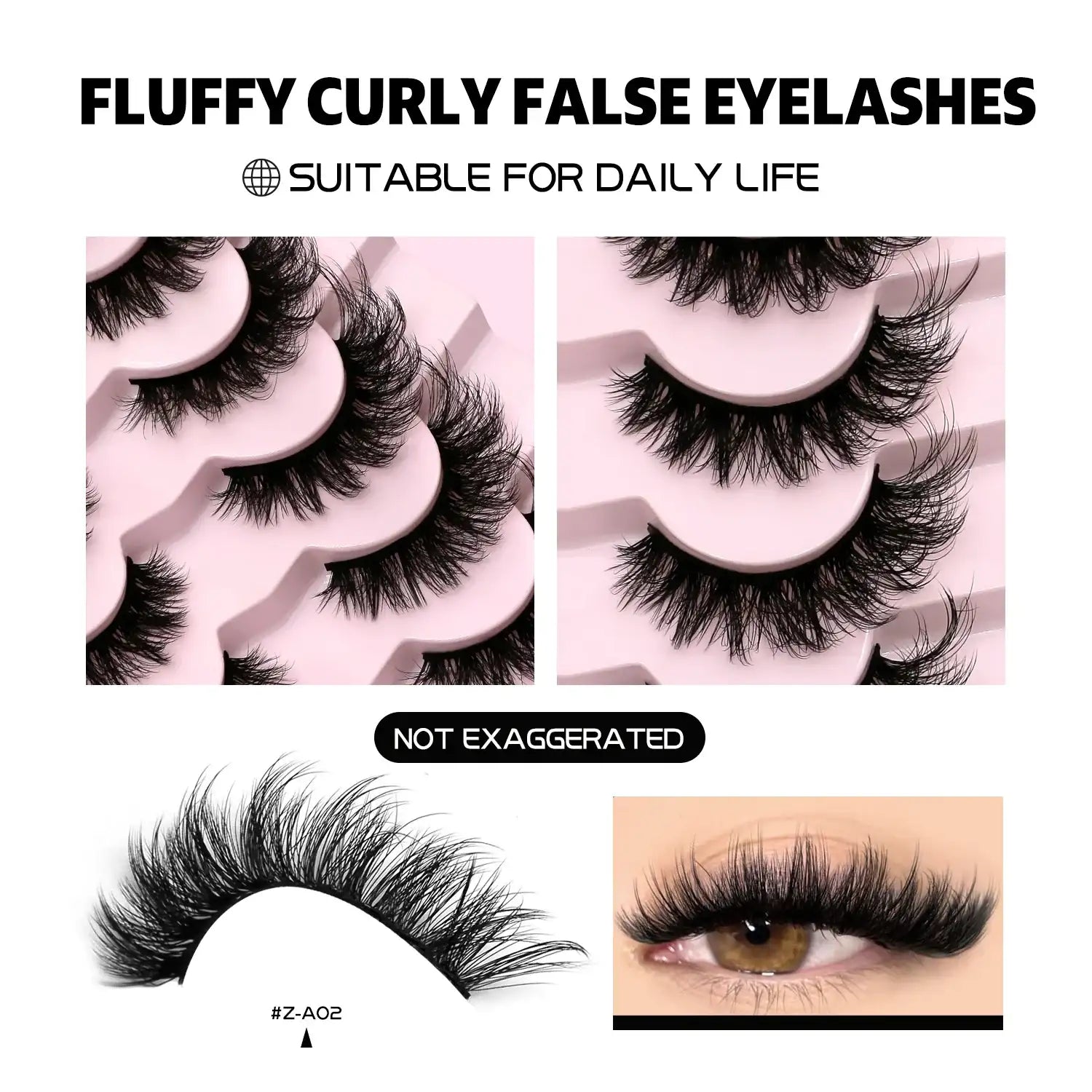 Fluffy, wispy black 3D mink false eyelashes with a natural cat-eye shape on a pale pink tray, shown applied to an eye.