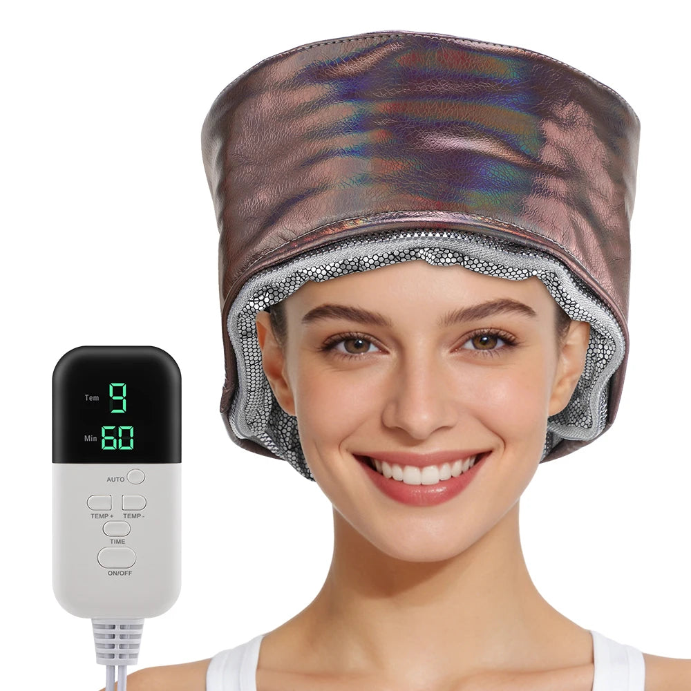 Metallic bronze thermal hair steamer cap with digital 9-level temp control for deep conditioning salon spa treatments.