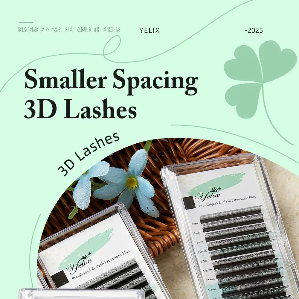 Black Yelix 3D W-shape premade volume eyelash extensions in clear trays with light green branding and floral accents.