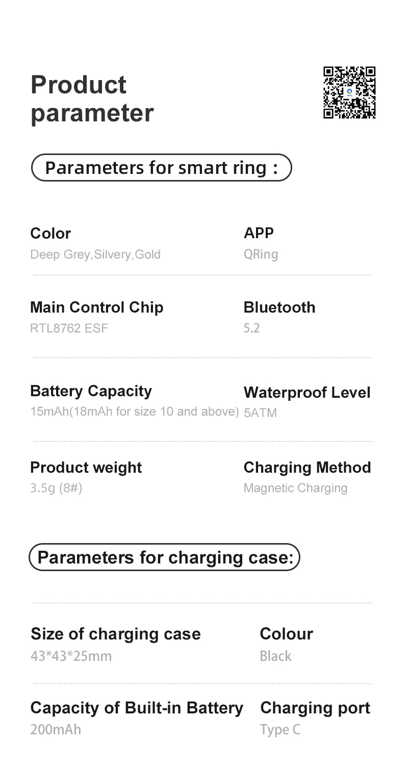 R08 Smart Ring Men Women with Charging Case Health and Sleep Monitor 5ATM Waterproof Multi Sport Mode Heart Rate Monitoring NEW