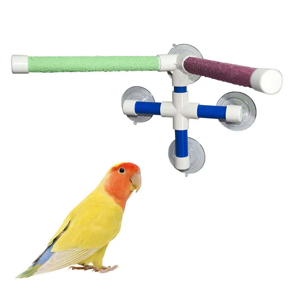 Parrot shower perch with suction cups and colorful paw-grinding textured sticks for bird bathing and standing.