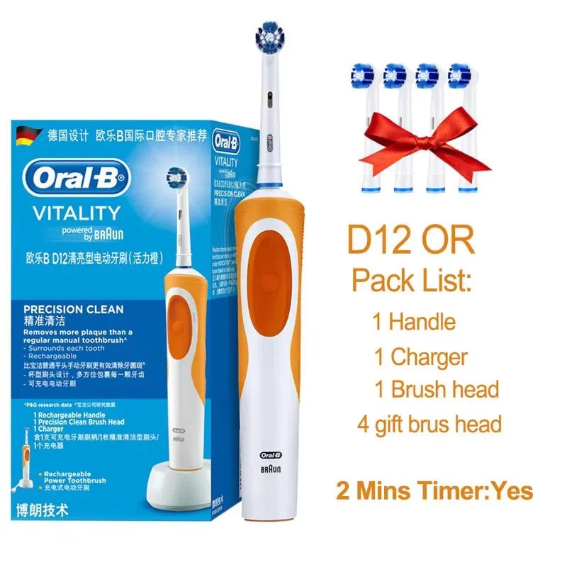 Oral-B Vitality electric toothbrush packaging with orange handle, charging base, and 4 gift brush heads