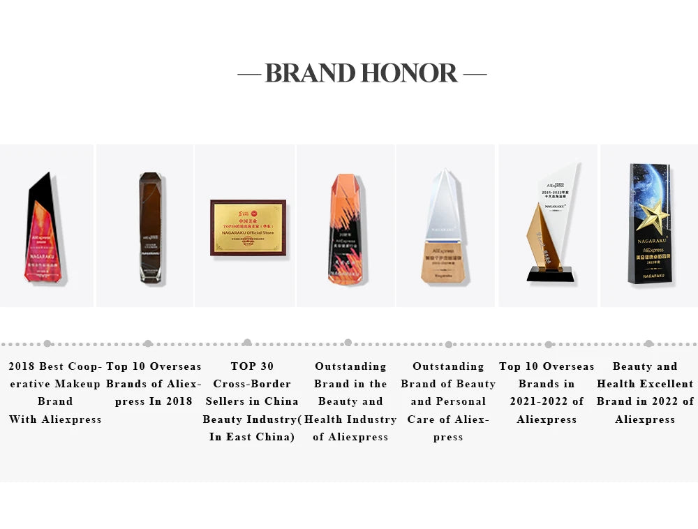 A row of six varied trophies and plaques representing brand honors and awards for Nagaraku on AliExpress.