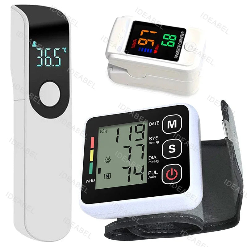 Digital Blood Pressure Monitor Wrist Tensiometer Electronic Sphygmomanometer Tonometer with LCD Forehead Digital Thermometer