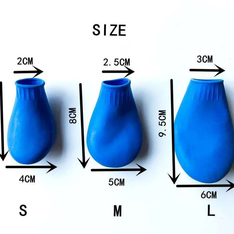 Blue waterproof rubber dog boots for paw protection. Available in S, M, L sizes for durable, anti-slip outdoor wear.
