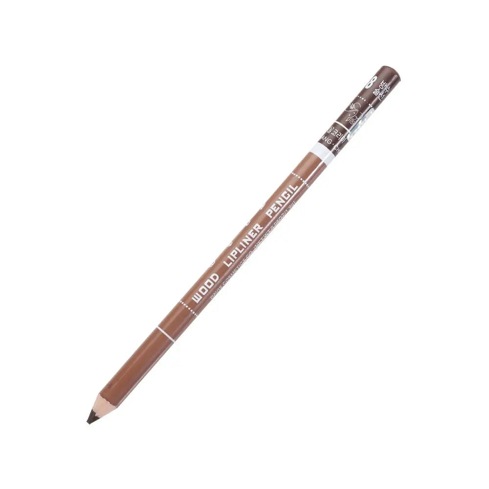 Brown wood lip liner pencil for precise, waterproof lip makeup application. Long-lasting professional cosmetic pencil.