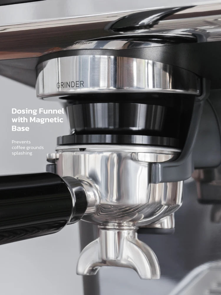 Stainless steel espresso machine portafilter with magnetic black dosing funnel for mess-free coffee grinding.