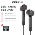 DOCO high-speed hair dryer, 110k RPM, 200M negative ions, gray professional blow dryer with nozzle attachment.