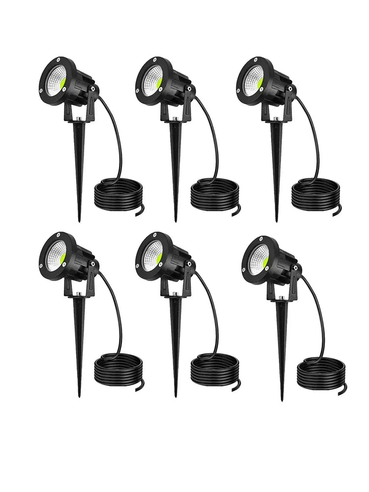 Pack of black LED landscape spike spotlights with attached cable and ground stakes