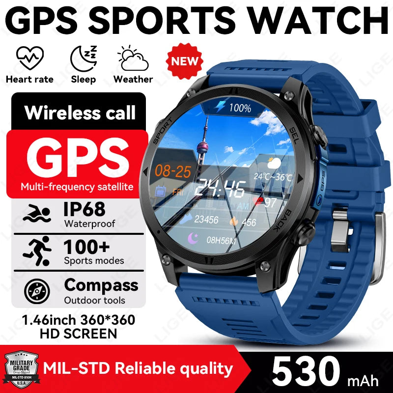LIGE 2026 New GPS Path Smart Watch 530mAh Battery IP68 Waterproof Sports Run Tracker BT Call Outdoor Compass Military Smartwatch
