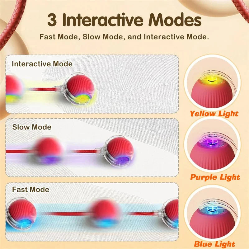 Red interactive cat toy ball with 3 motion modes, LED lights, and automatic rolling for engaging pet exercise.