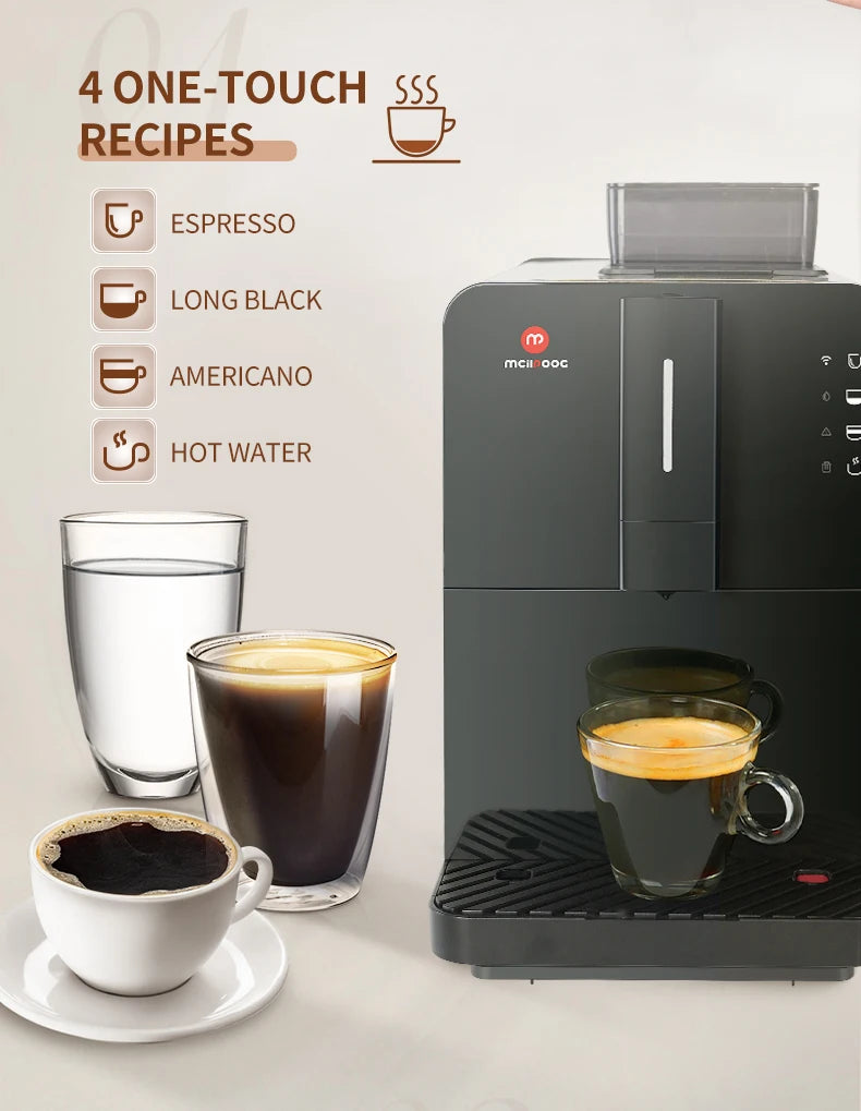 Mcilpoog black automatic espresso machine features one-touch brewing for espresso, Americano, and hot water.