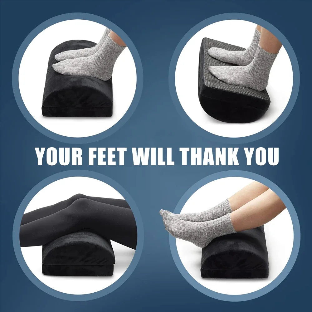 Adjustable ergonomic black foam footrest for under desk, used for feet or knees to relieve back and leg pain at work.