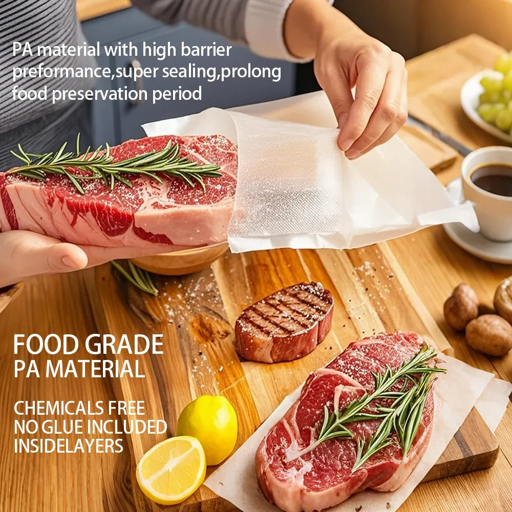 Transparent vacuum bag sealing steak with herbs for meal prep