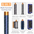 6-in-1 high-speed hair dryer set with curling barrels, smoothing combs, and nozzle in blue and gold metallic finish.