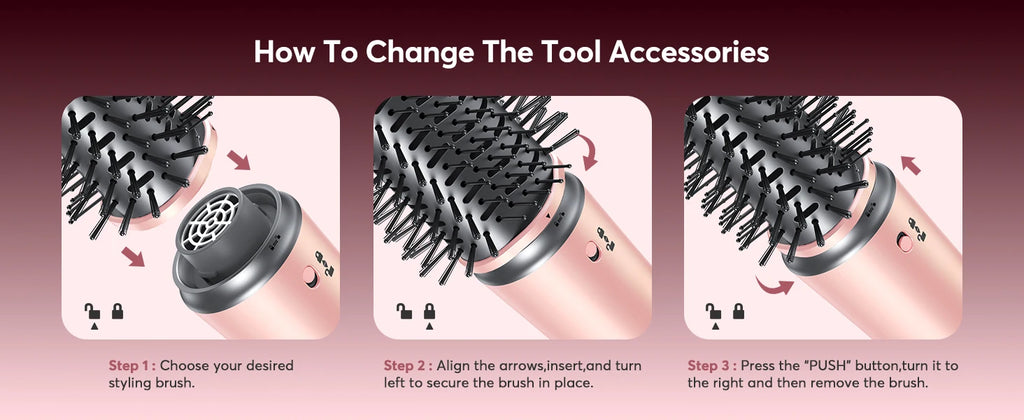 How to change rose gold 5-in-1 air wrap styler brush attachments: step-by-step locking guide for hair dryer tool.