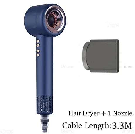 Blue professional leafless hair dryer with styling nozzle, negative ion technology, and 3.3m cable for salon styling.