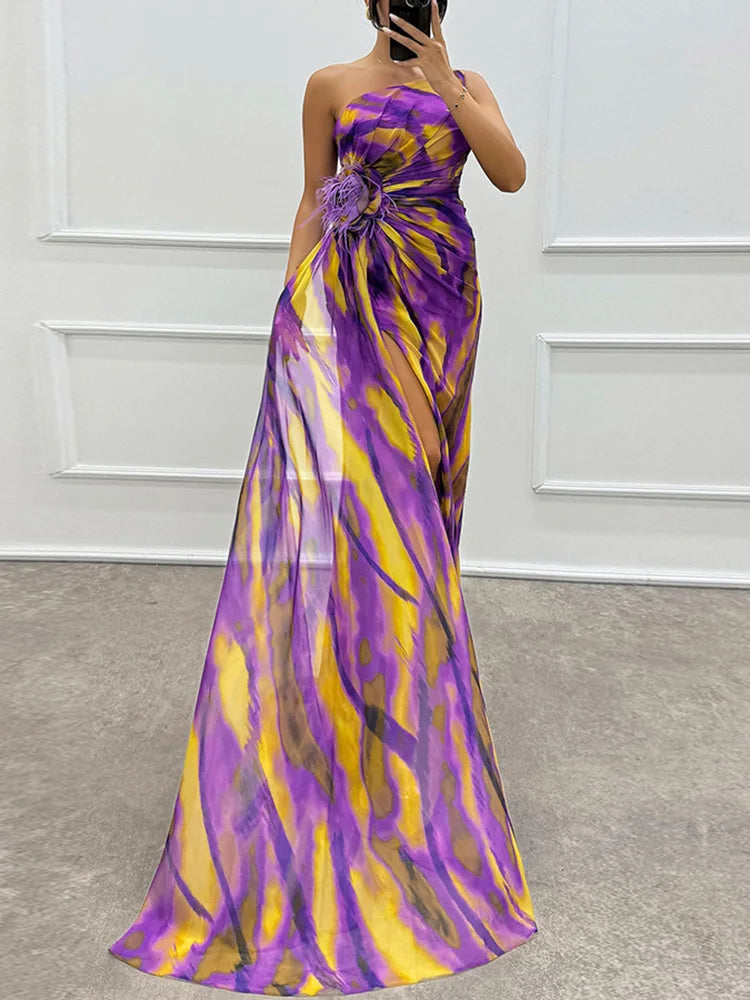 Printed Skew Collar Simple Party Dress, Women Summer Patchwork Sleeveless Elegant Maxi Dress, 2024 Backless Fashion Ladies Dress