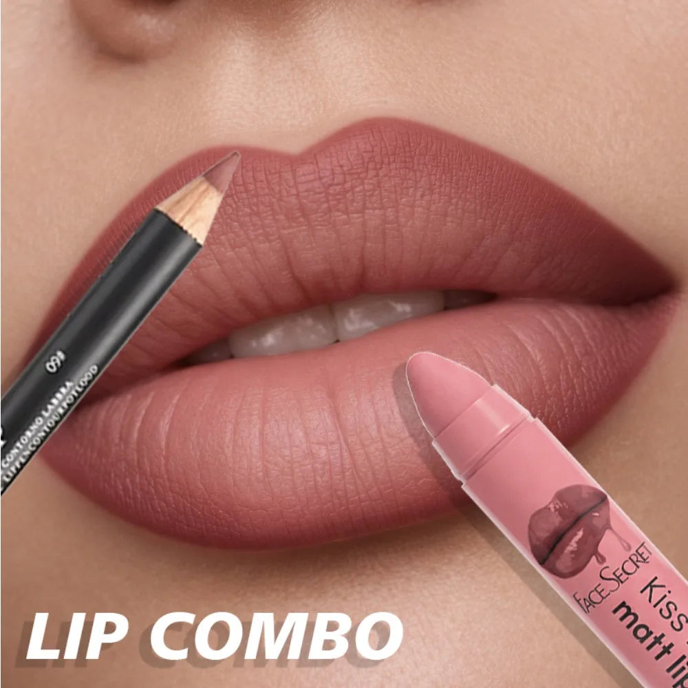 Professional matte lipstick and lip liner kit, long-wear nude rose lip makeup set with buildable pigment coverage.