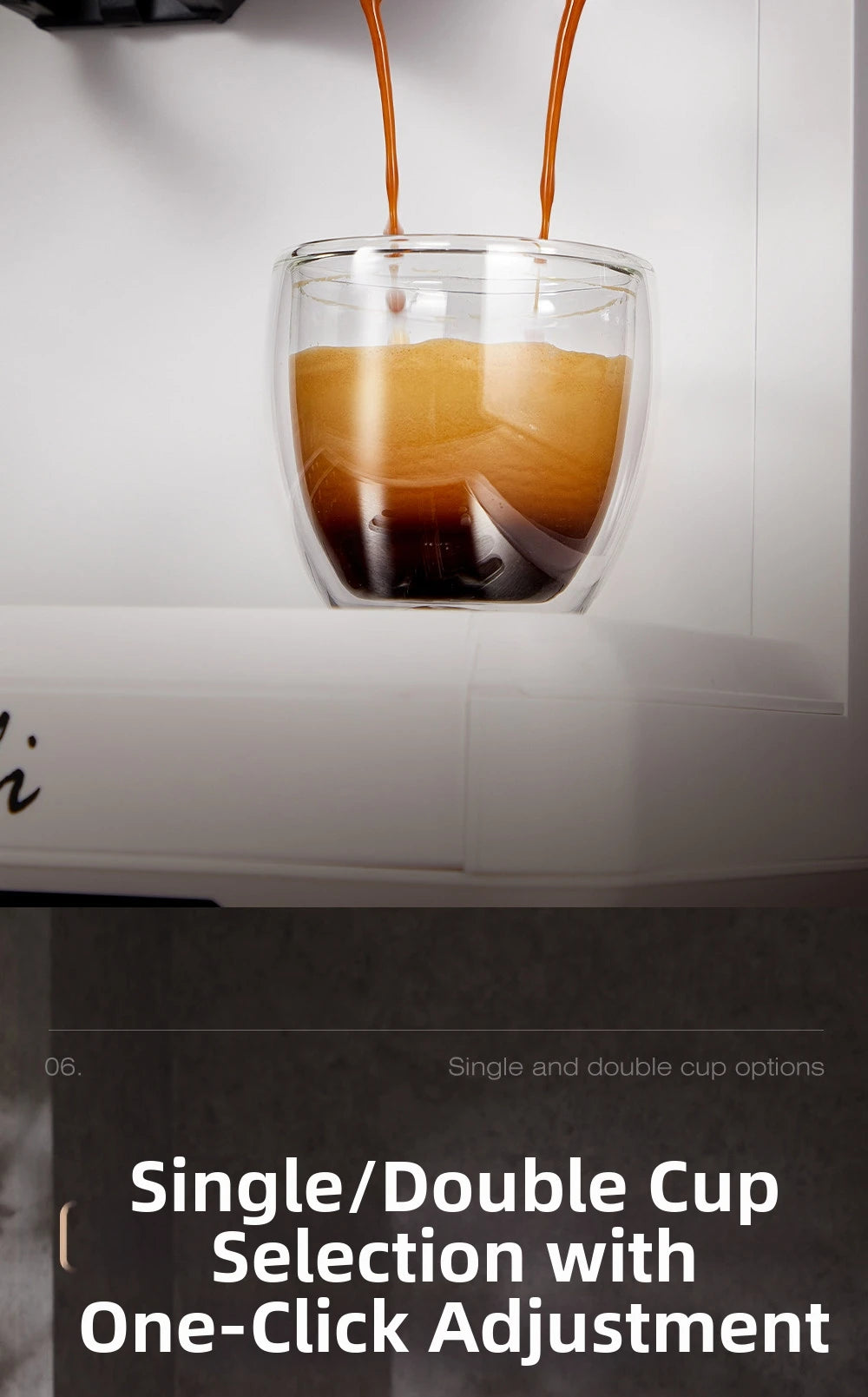 White automatic espresso machine pouring two streams of coffee into a glass cup with double cup selection mode.