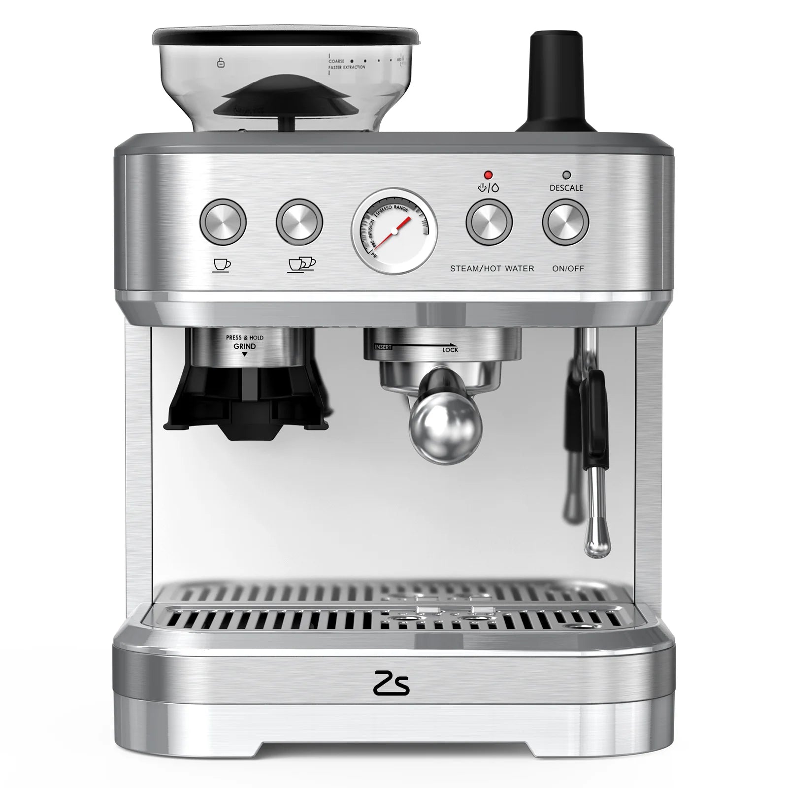 ZS stainless steel espresso machine with integrated grinder, pressure gauge, and steam wand for home brewing.