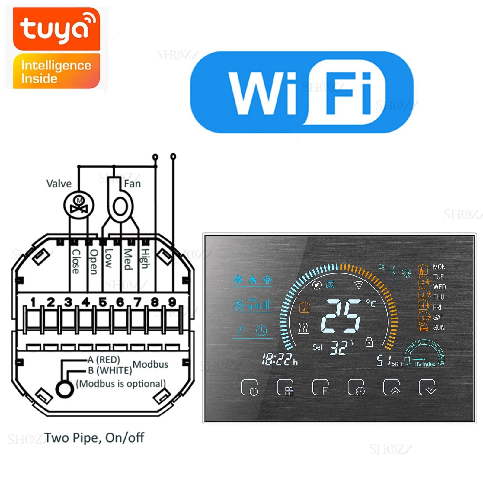 Wifi/RS485/Zigbee Thermostat Air Conditioning 3 Fan Coil Unit Home Cooling/Heating 2/4 Pipe Temperature Controller with Alexa