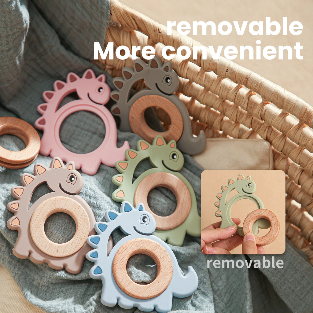 Baby Silicone Teether Toys,Perfect for Teething Toys 0-3-6 Months and Shower Gifts, BPA-Free, Ergonomic Dinosaur Wood Design.