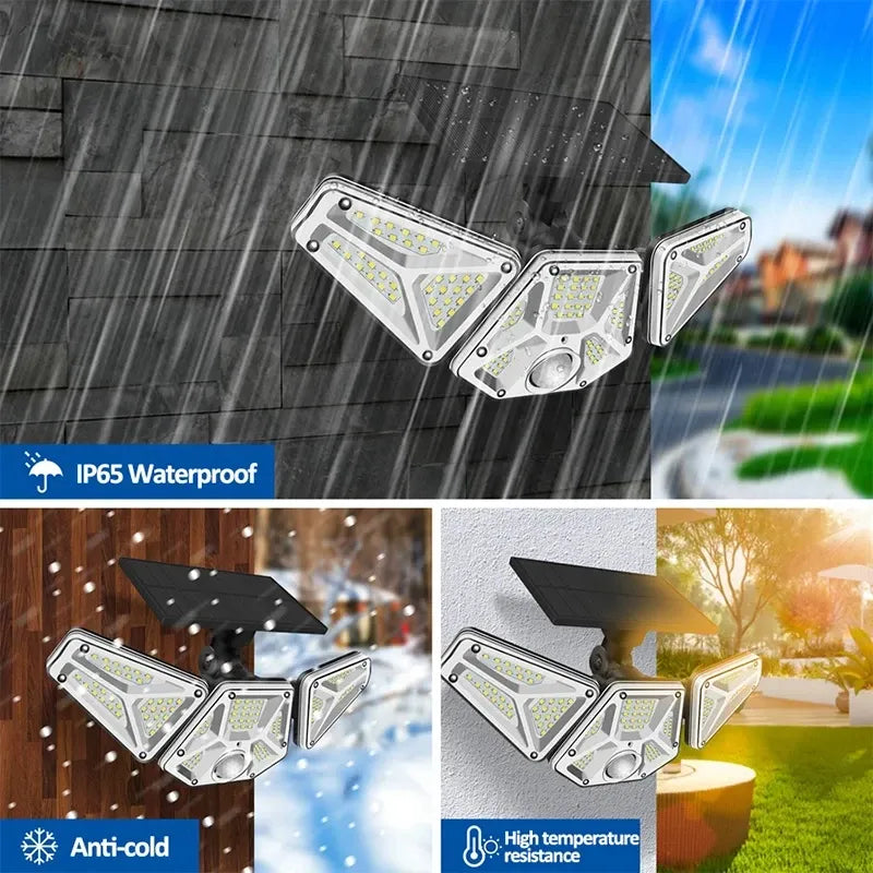 Solar security wall light with IP65 waterproof design shown against rain-like water spray