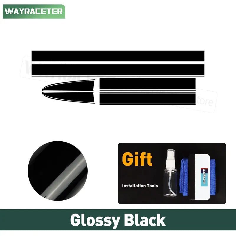 Glossy black vinyl racing stripes for Fiat cars, featuring straight and tapered decal sets plus included installation tools.