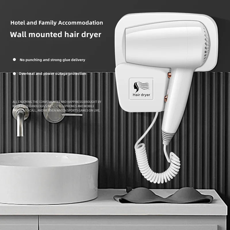 White wall-mounted 1300W hair dryer with coiled cord, non-perforated bathroom mount for hotel or home use.