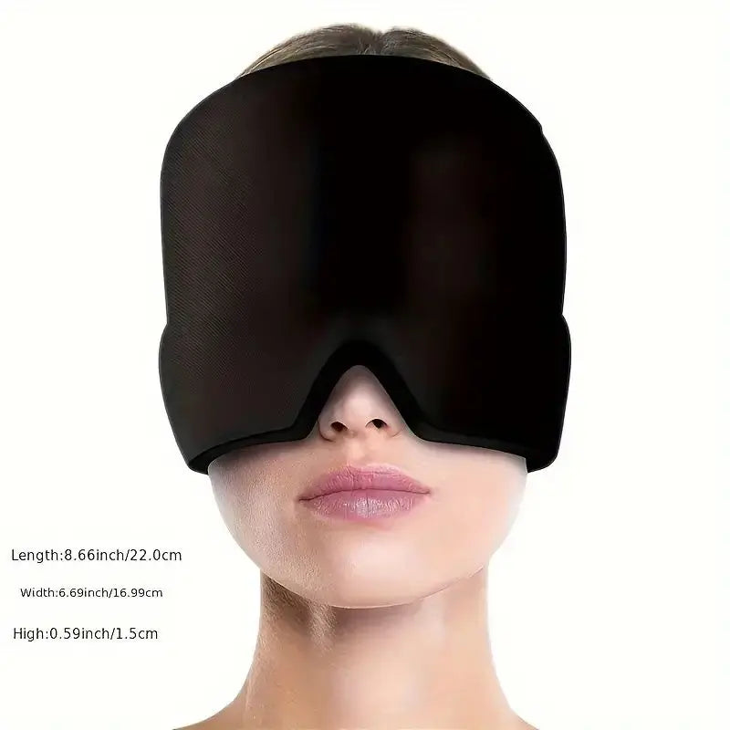 A person wearing a smooth, solid black full-coverage gel eye mask for hot and cold therapy.