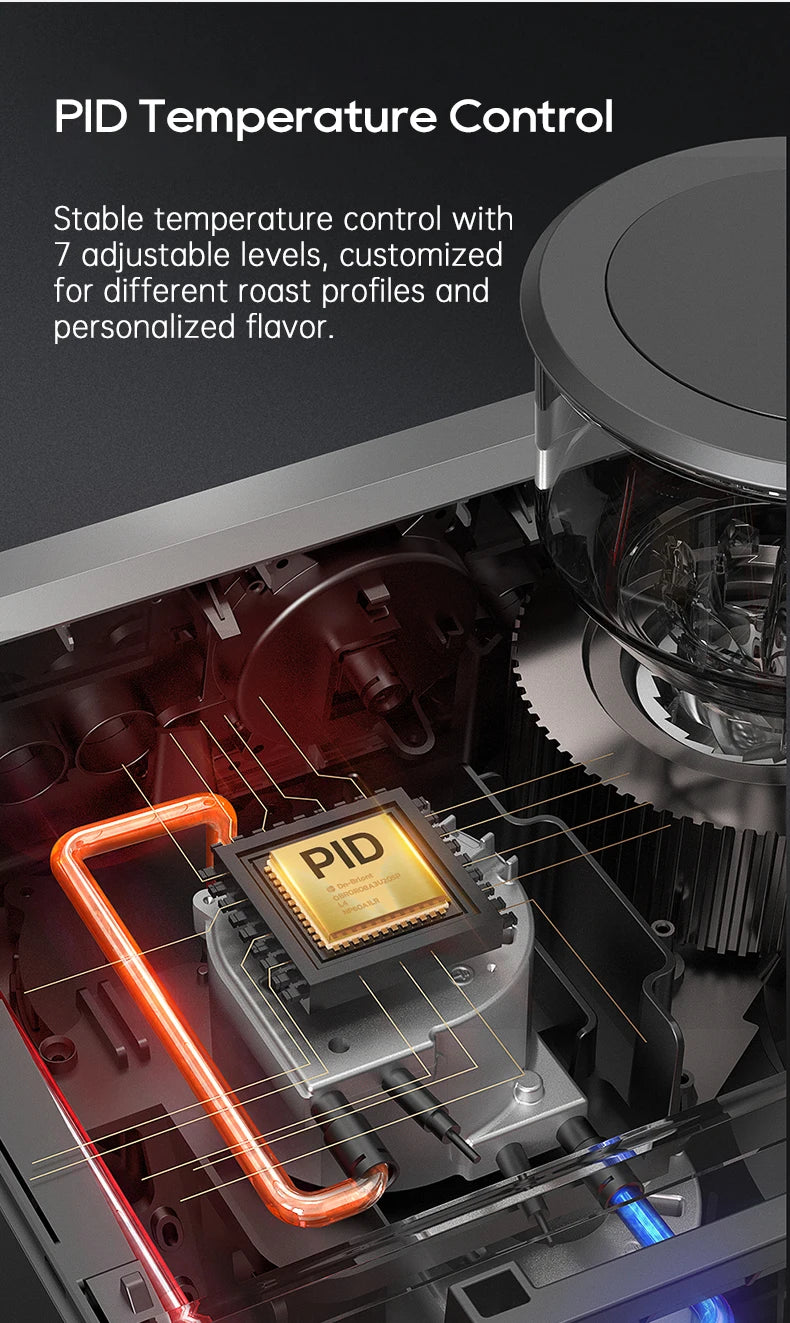Internal view of coffee maker showing PID temperature control chip, heating elements, and metallic internal components.