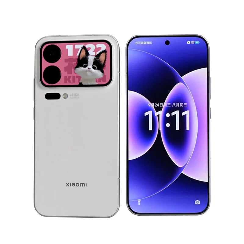 White Xiaomi 17 Pro Max 6.9-inch smartphone showing front display and rear Leica camera panel with kitten graphic.