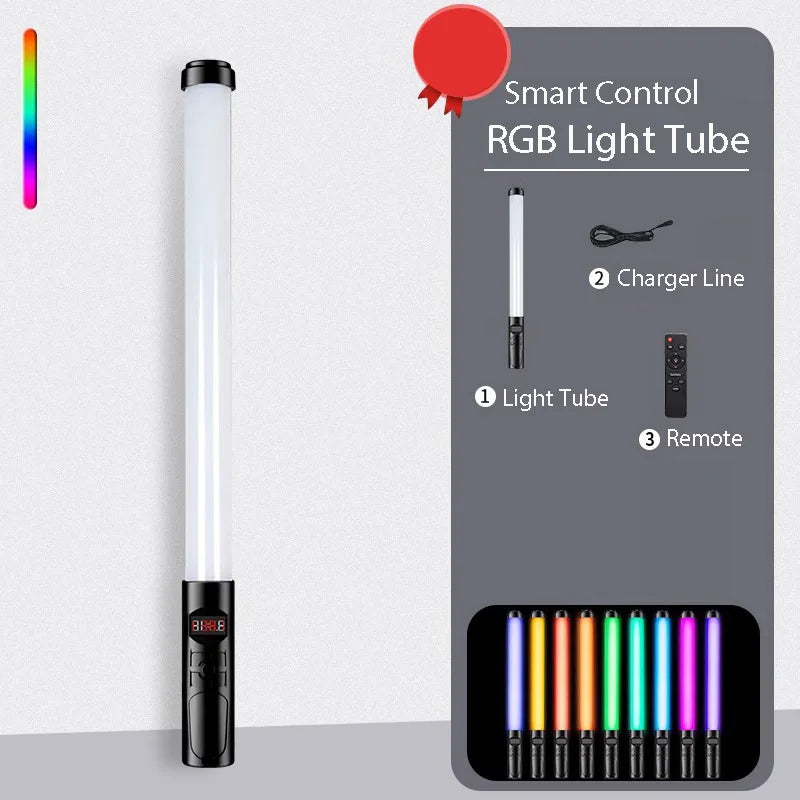 Handheld RGB LED light tube with a black handle, charger, and remote, used for photography and creative lighting.