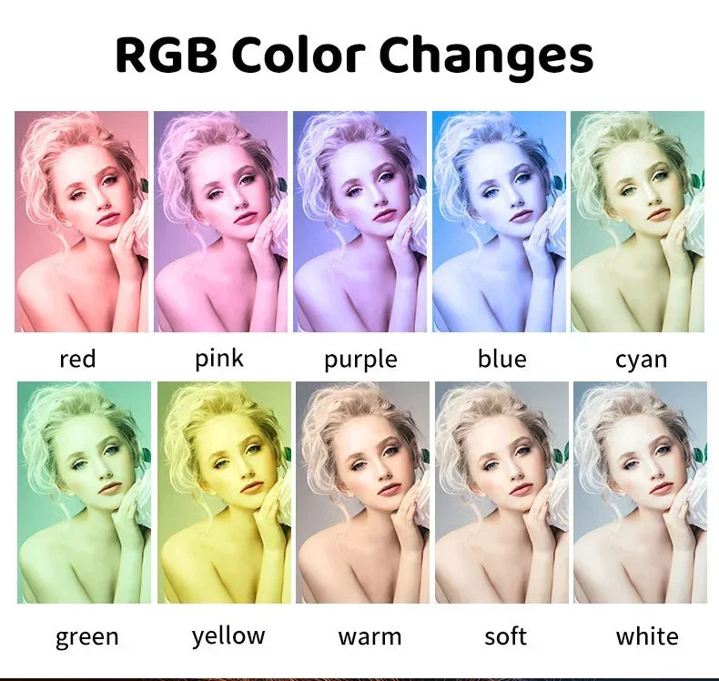 Ten portraits of the same woman illuminated by different RGB color modes including red, blue, green, yellow, and white.