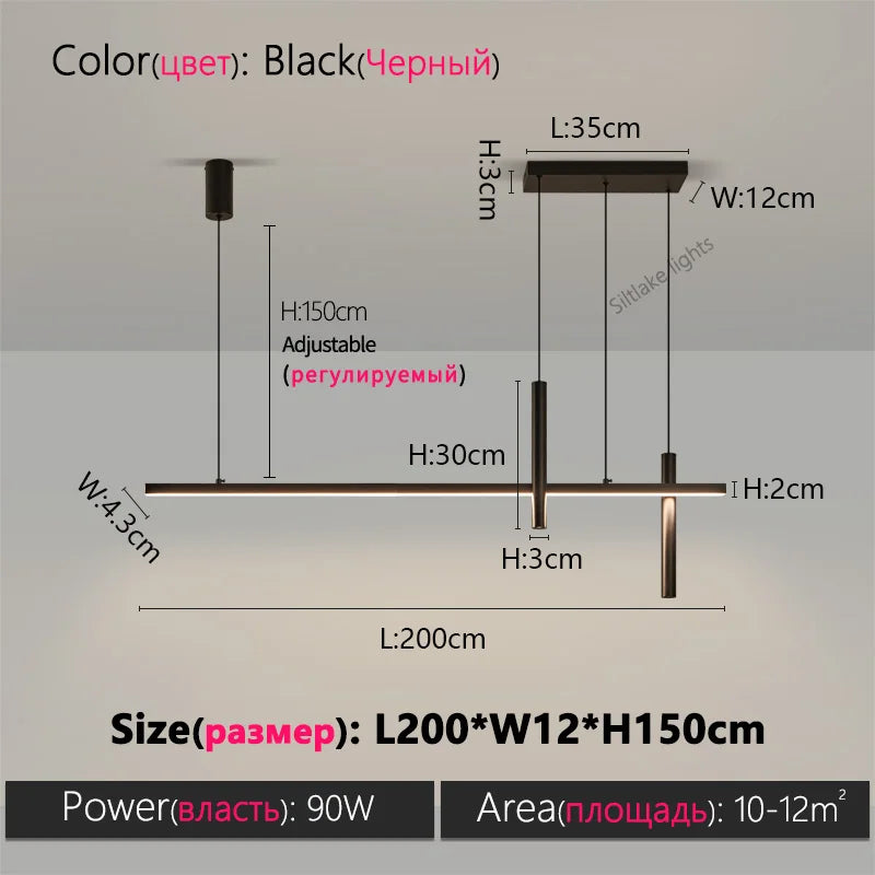 Linear LED Chandelier for Dining Room - Modern Dimmable Pendant Light Black L200cm Tidesmit