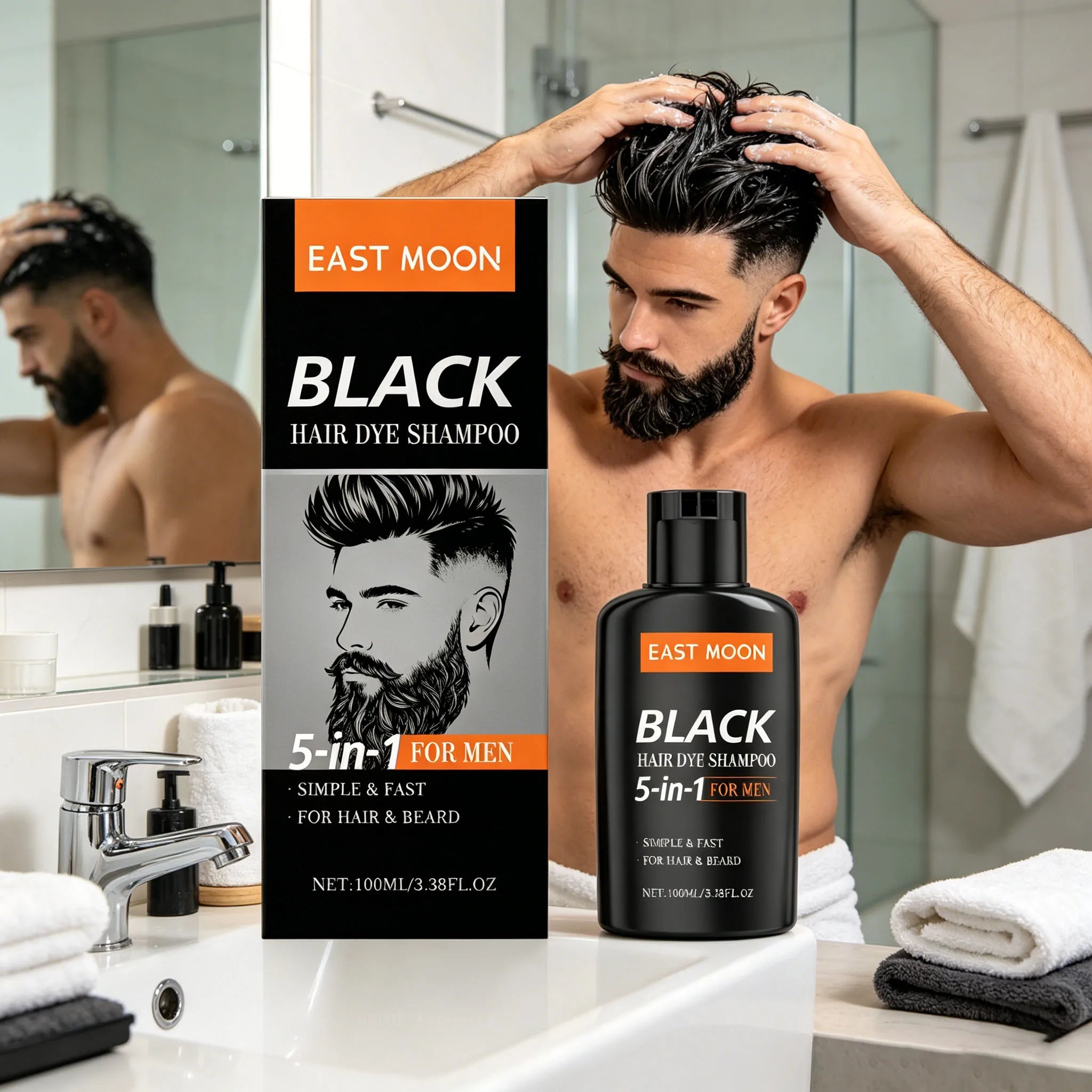 East Moon Men's Black Hair Dye Shampoo Fast Coloring Removal White Gray Hair Long Lasting Nourishing Natural Beard Dye Shampoo