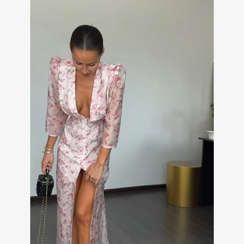 Fashion Sexy Organza Floral Printed Maxi Dress V-neck Puff Sleeve 2026 New Summer Romantic Women Party Gown Elegant Lady Vestido