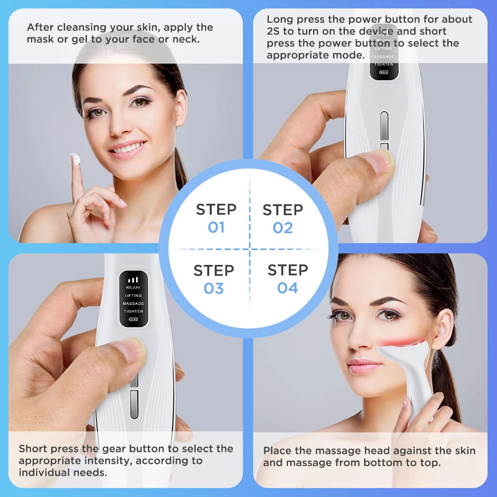 White, portable EMS face and neck massager with LED light therapy, shown in a 4-step instructional usage guide.