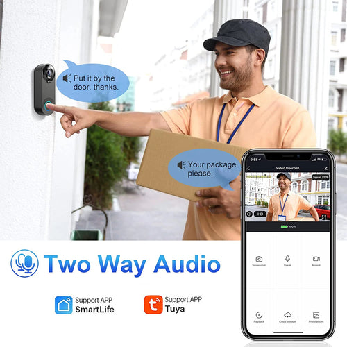 Wireless doorbell camera showing package delivery and two-way audio on a smartphone