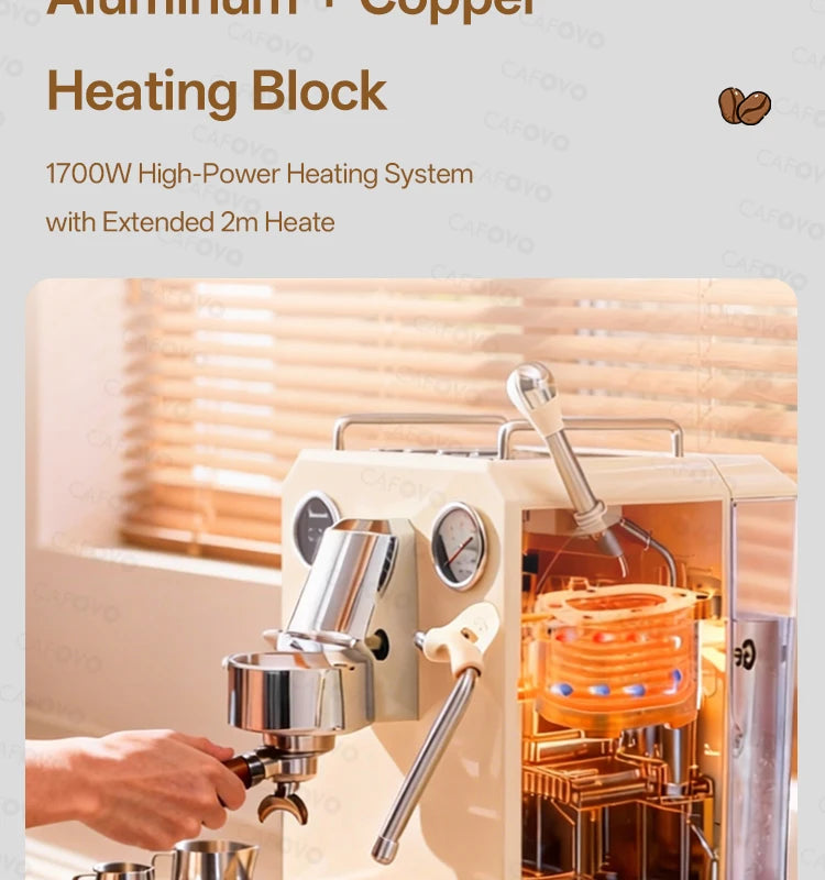 Cafovo espresso machine, beige finish with exposed copper heating block and 1700W heating system for home brewing.