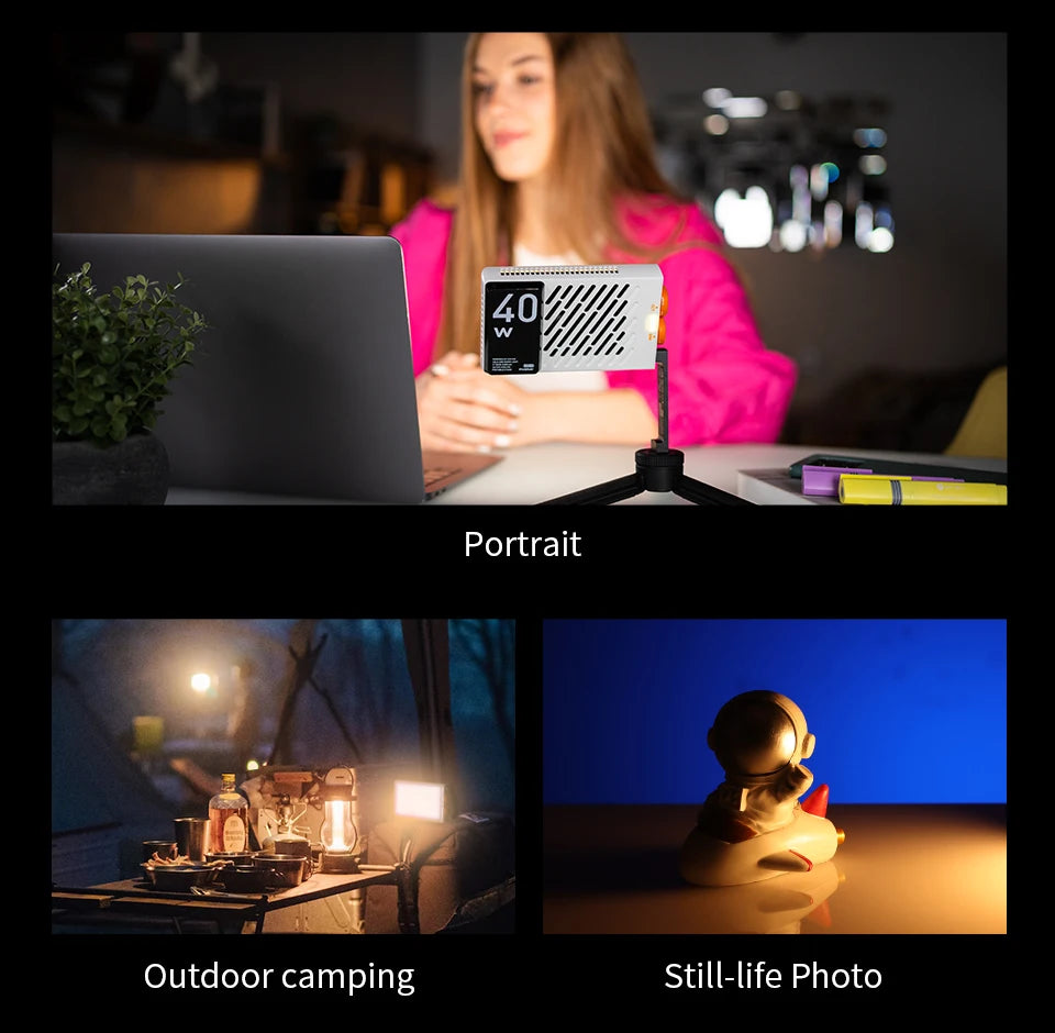 40W portable rectangular LED video light with white casing on a tripod, used for portraits, camping, and product photos.