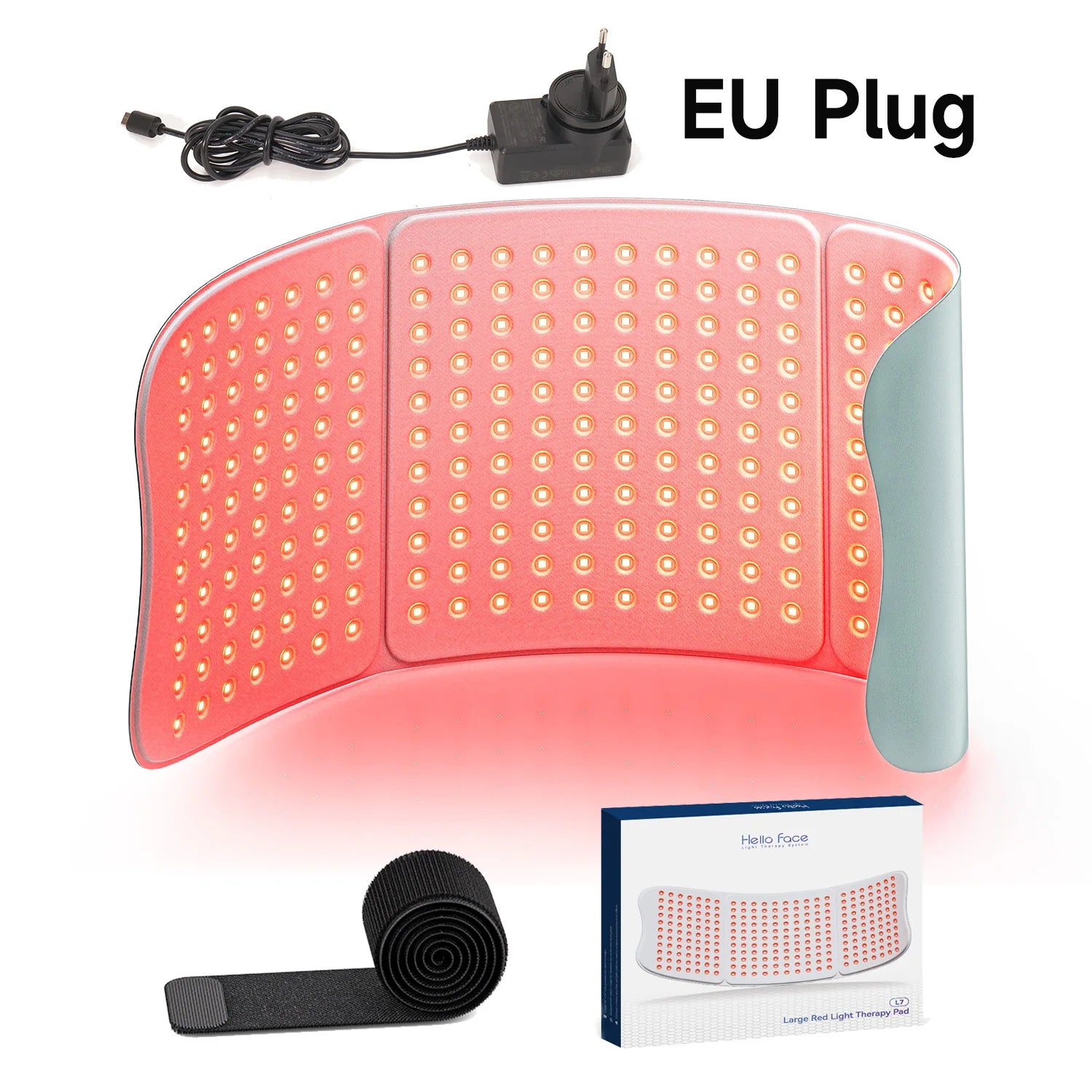 Hello Face L7 red light therapy pad with 792 LED chips, 660nm and 850nm wavelengths, EU plug, and adjustable strap.