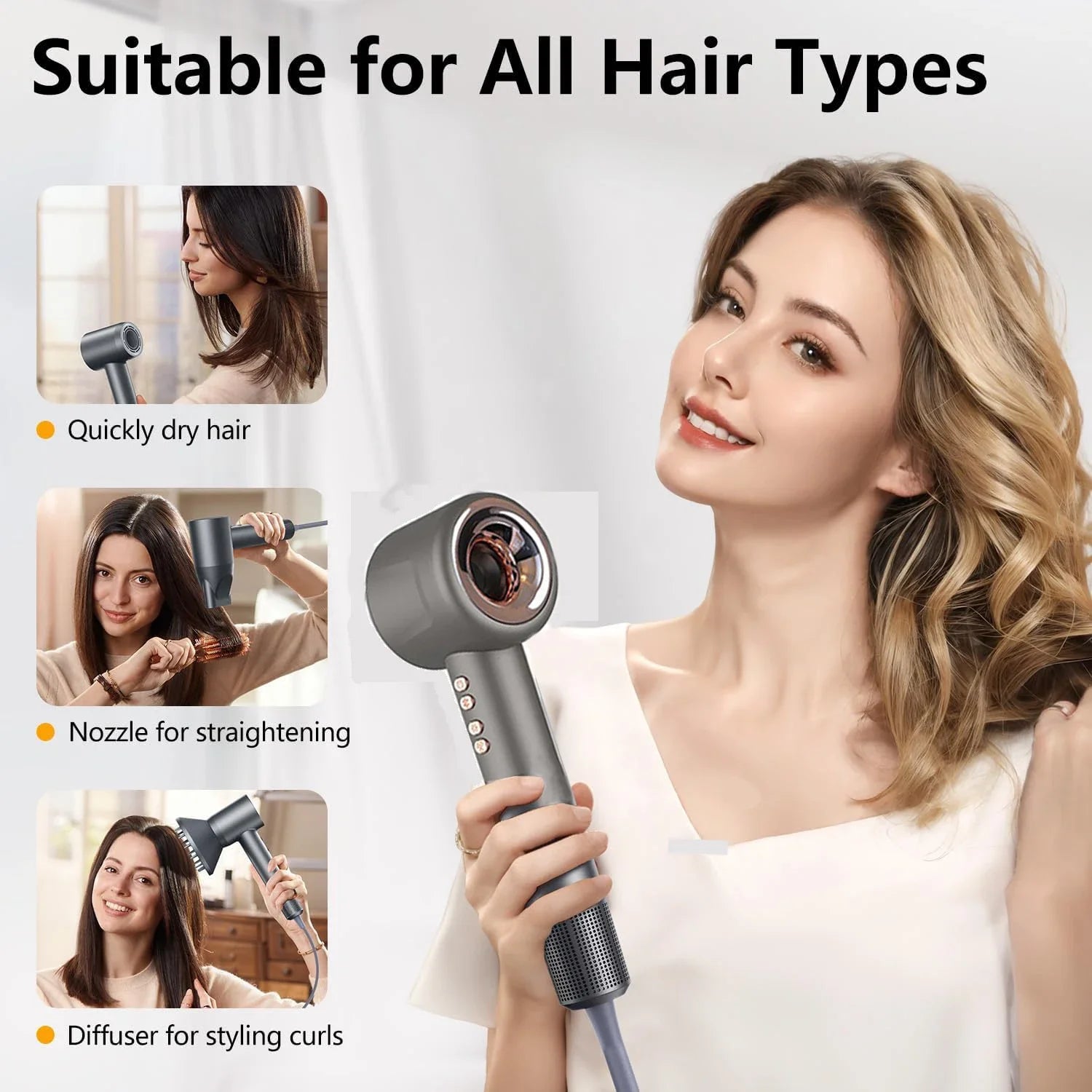 Gray 1600W silent negative ion hair dryer with nozzle and diffuser for professional styling and constant heat care.